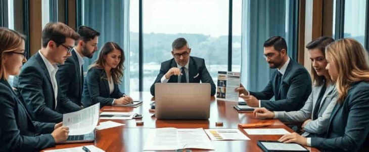 A law firm team reviewing their Legal 500 submission at a conference table with ranking reports and documents.